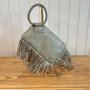 Olive Fringe Wristlet Clutch with Braided Ring
